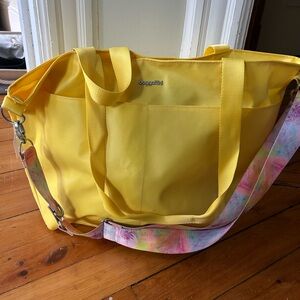 Baggallini Yellow Laminated Carryall Tote Bag with tie dye side strap